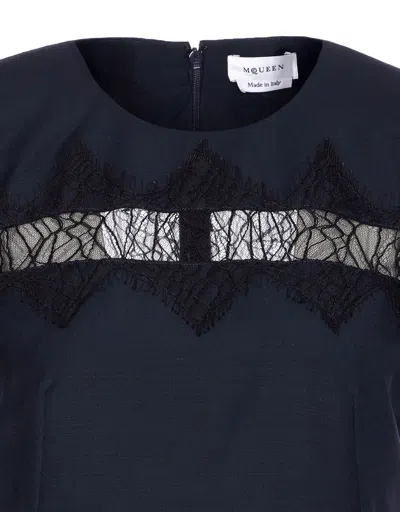 Alexander Mcqueen Wool Tailored Pencil Dress With Lace Details In Blue