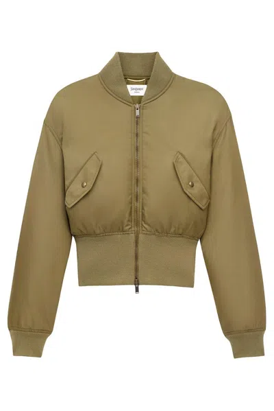 Saint Laurent Women Khaki Recycled Nylon Short Padded Bomber Jacket In Brown