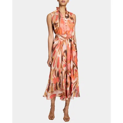 Santorelli Nirva Sleeveless Ruffle-neck Midi Dress In Abstract Printed Georgette
