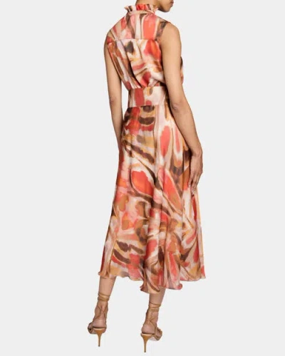 Santorelli Nirva Sleeveless Ruffle-neck Midi Dress In Abstract Printed Georgette