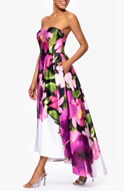 Betsy & Adam Strapless High-low Gown In Multi
