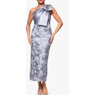 Betsy & Adam Crystal Detail Soutache Lace One-shoulder Sheath Gown In Metallic