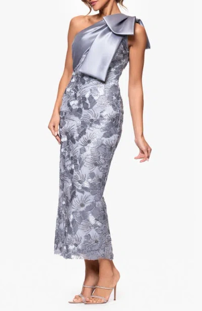 Betsy & Adam Crystal Detail Soutache Lace One-shoulder Sheath Gown In Metallic