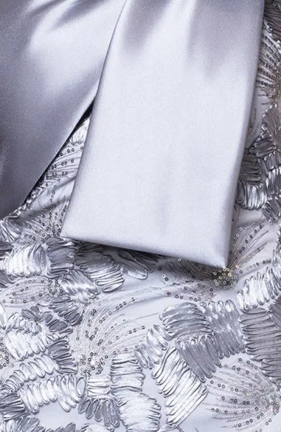 Betsy & Adam Crystal Detail Soutache Lace One-shoulder Sheath Gown In Metallic