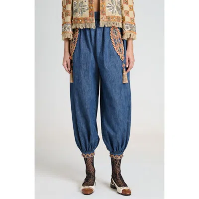 Valentino Embroidered Chambray Denim Wide-leg Crop Blouson Trousers In Medium Blue Denim