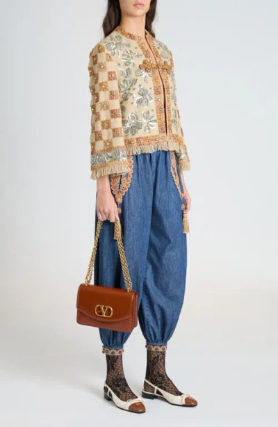 Valentino Embroidered Chambray Denim Wide-leg Crop Blouson Trousers In Medium Blue Denim