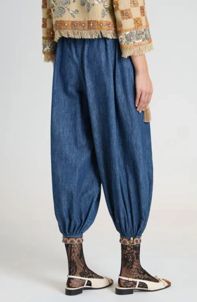 Valentino Embroidered Chambray Denim Wide-leg Crop Blouson Trousers In Medium Blue Denim