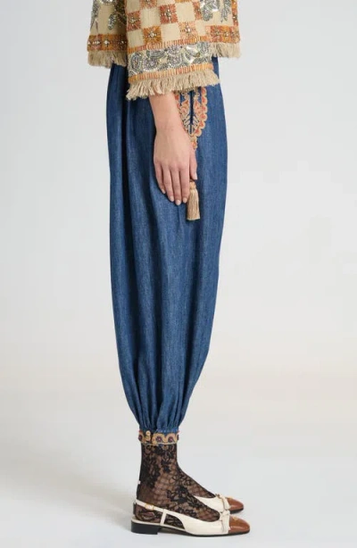 Valentino Embroidered Chambray Denim Wide-leg Crop Blouson Trousers In Medium Blue Denim