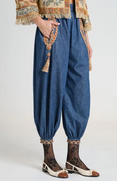 Valentino Embroidered Chambray Denim Wide-leg Crop Blouson Trousers In Medium Blue Denim