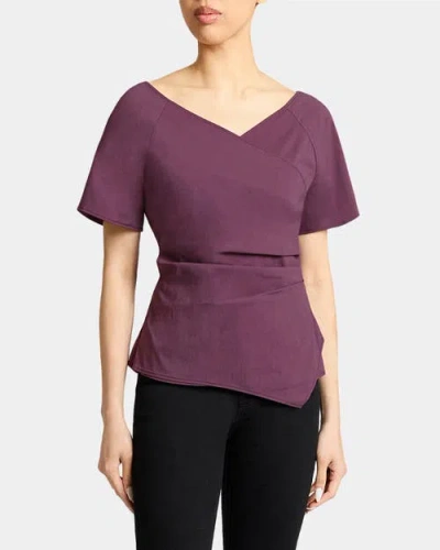 Santorelli Murphy Short Sleeve Wrap Top With Asymmetric Tucked Closure In Stretch Cotton Blend
