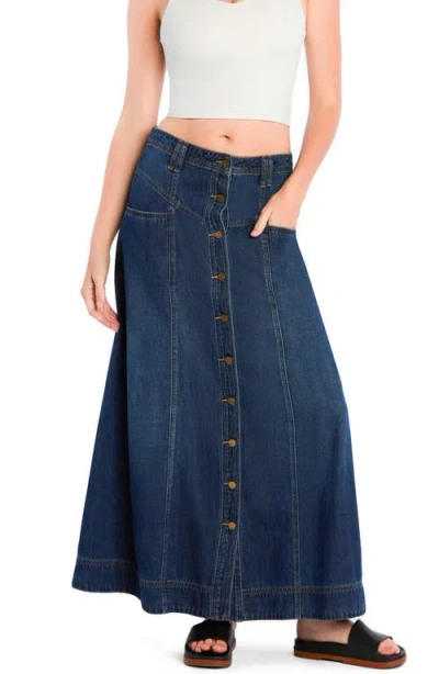 Wash Lab Denim Panel Front Button Denim Maxi Skirt In Blue