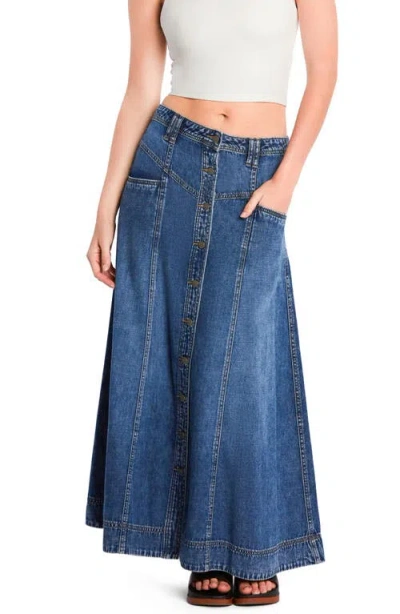 Wash Lab Denim Panel Front Button Denim Maxi Skirt In Blue