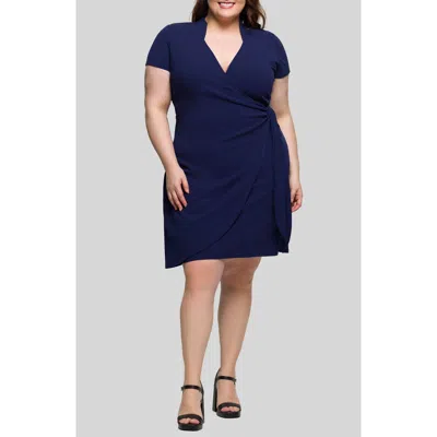 24seven Comfort Apparel Women's Mandarin Collar Knee Length Wrap Dress In Blue