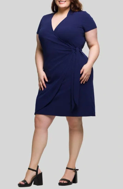 24seven Comfort Apparel Women's Mandarin Collar Knee Length Wrap Dress In Blue