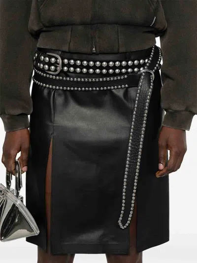 Attico Black Leather Skirt With Front Slits