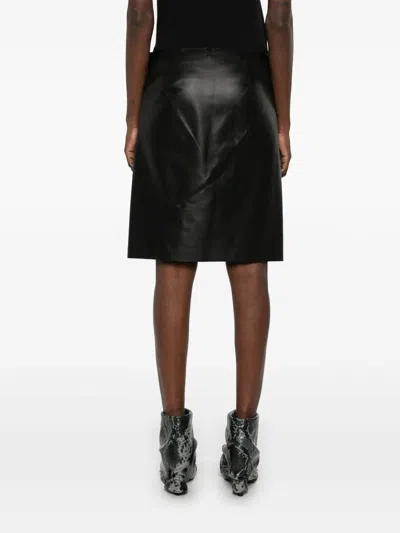 Attico Black Leather Skirt With Front Slits