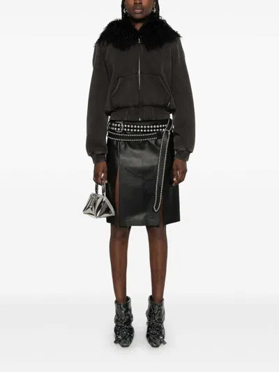 Attico Black Leather Skirt With Front Slits