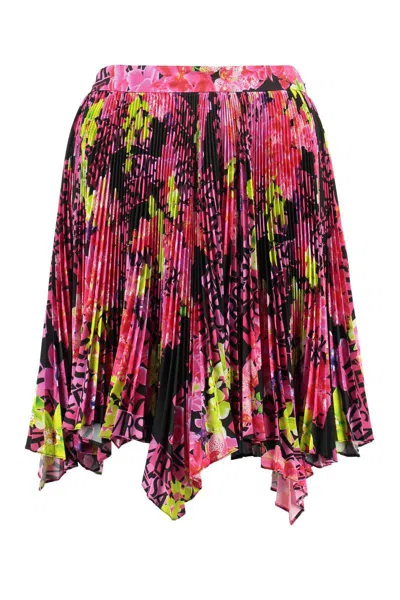 Versace Multicolor Asymmetric Pleated Mini-skirt With Logo Orchid Print In Polyester Woman