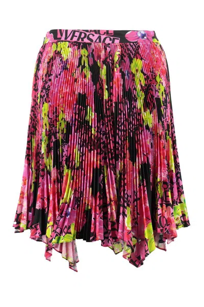 Versace Multicolor Asymmetric Pleated Mini-skirt With Logo Orchid Print In Polyester Woman