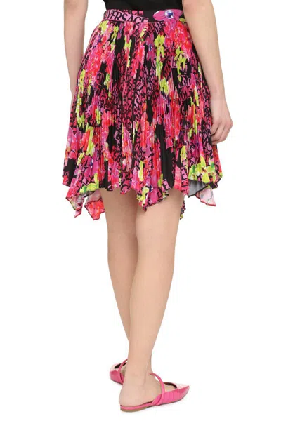 Versace Multicolor Asymmetric Pleated Mini-skirt With Logo Orchid Print In Polyester Woman