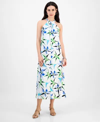 Inc International Concepts Petite Printed Linen-blend Halter-neck Sleeveless Maxi Dress, Exclusively At Macy's In Blue
