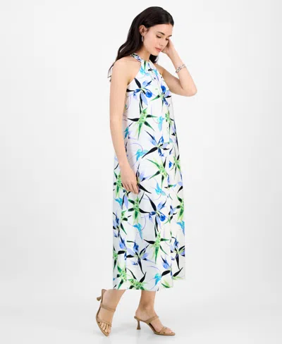 Inc International Concepts Petite Printed Linen-blend Halter-neck Sleeveless Maxi Dress, Exclusively At Macy's In Blue