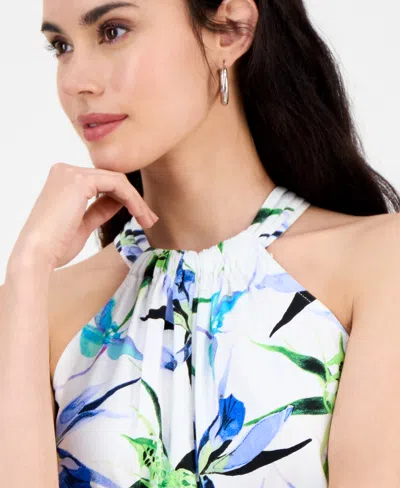 Inc International Concepts Petite Printed Linen-blend Halter-neck Sleeveless Maxi Dress, Exclusively At Macy's In Blue