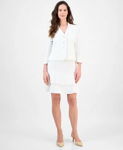 Le Suit Women's Tulip Collar Jacket & Tiered Skirt Suit Set, Regular & Petite In White