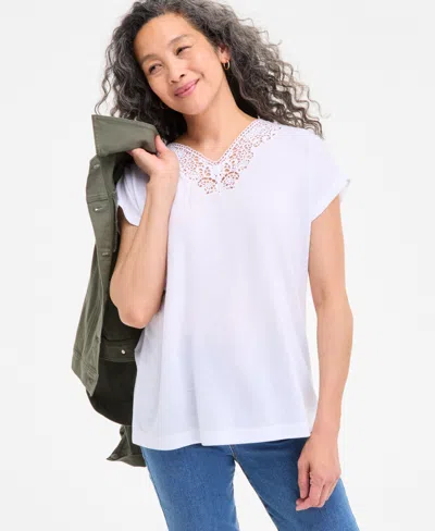 Style & Co Women's Lace-trim V-neck Short-sleeve T-shirt, Exclusively At Macy's