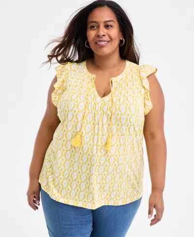 Style & Co Plus Size Printed Ruffle Pintuck Top, Exclusively At Macy's In Yellow