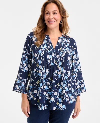 Style & Co Plus Size Morning Glories Pintuck Top, Exclusively At Macy's In Multi