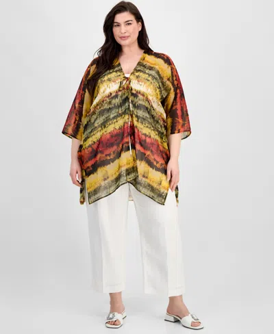 Anne Klein Plus Size Open-front Scarf-print Kimono In Multi
