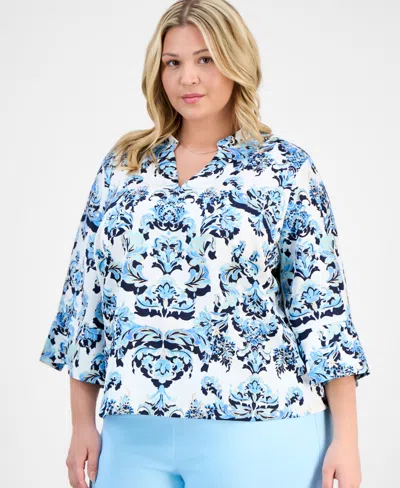 Jm Collection Plus Size Printed Jacquard Blouse, Exclusively At Macy's In Blue