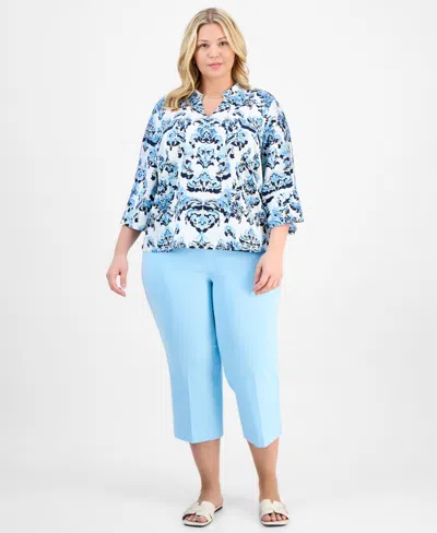 Jm Collection Plus Size Printed Jacquard Blouse, Exclusively At Macy's In Blue