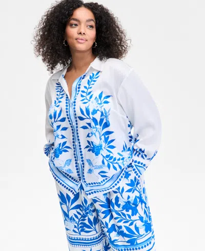 Inc International Concepts Plus Size Floral-print Blouse, Exclusively At Macy's In Blue