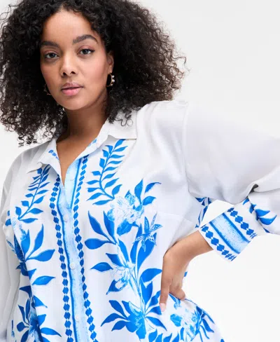 Inc International Concepts Plus Size Floral-print Blouse, Exclusively At Macy's In Blue