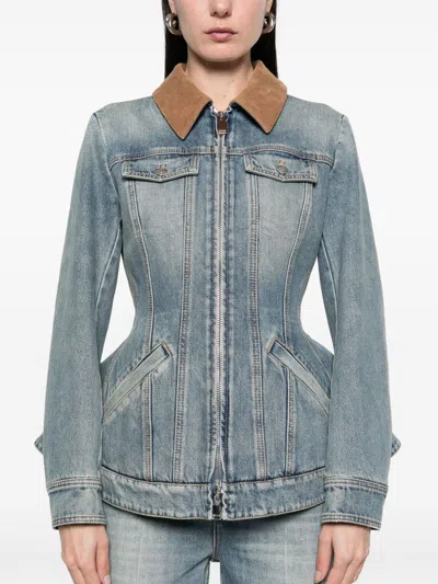 Alexander Mcqueen Alexander Mc Queen Light Blue Washed Denim Jacket With Ruffles