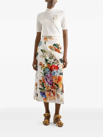 Dolce & Gabbana Silk Pullover With Flower Brooch In White