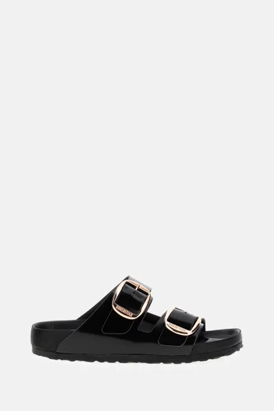 Birkenstock Arizona Big Buckle Slide In Shiny Leather In Black