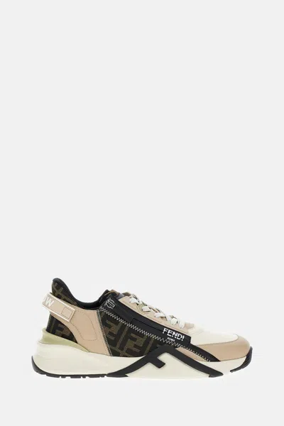 Fendi Beige Leather Sneakers With Ff Motif In Brown