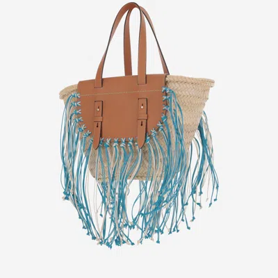 Cuba Lab Structured Brown Handbag With Woven Straw