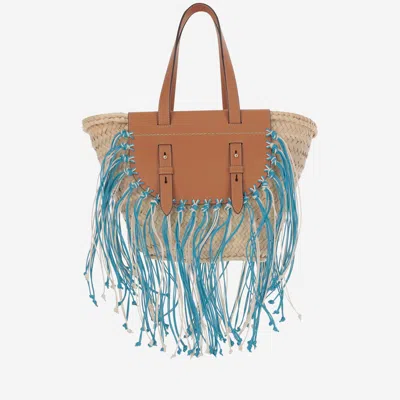 Cuba Lab Structured Brown Handbag With Woven Straw