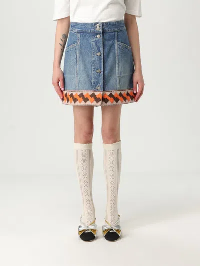 Valentino Medium Blue Denim Skirt With Geometric Trim In Blue