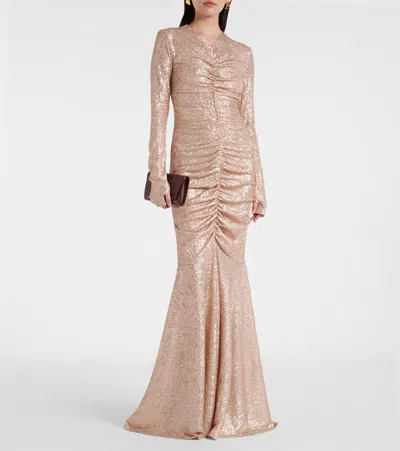 Norma Kamali Peach Fishtail Shirred Long Dress In Pink