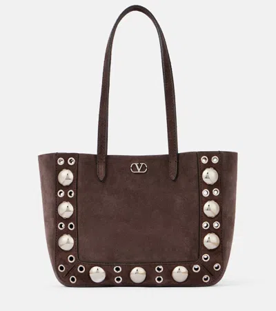 Valentino Studded Suede Double Handles Shoulder Bag In Brown