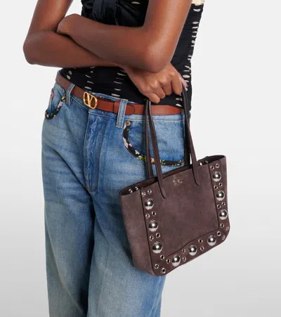 Valentino Studded Suede Double Handles Shoulder Bag In Brown