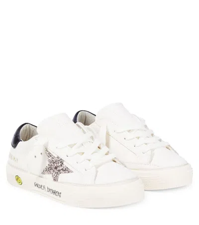 Golden Goose May White Low Top Sneakers With Glittered Star Patch And Contrasting Heel With Logo Lettering In Lea In White