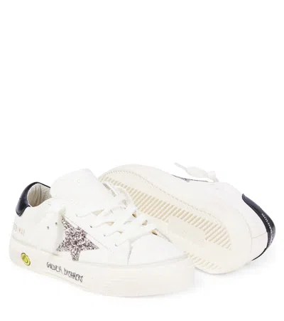 Golden Goose May White Low Top Sneakers With Glittered Star Patch And Contrasting Heel With Logo Lettering In Lea In White