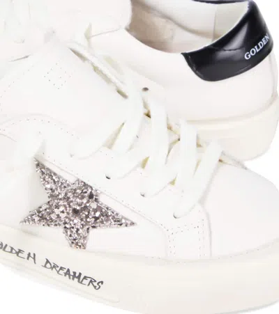 Golden Goose May White Low Top Sneakers With Glittered Star Patch And Contrasting Heel With Logo Lettering In Lea In White