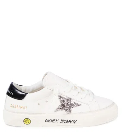 Golden Goose May White Low Top Sneakers With Glittered Star Patch And Contrasting Heel With Logo Lettering In Lea In White